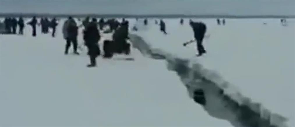 Ψαράδες τρέχουν για να μην τους “καταπιεί” παγωμένη λίμνη (βίντεο)