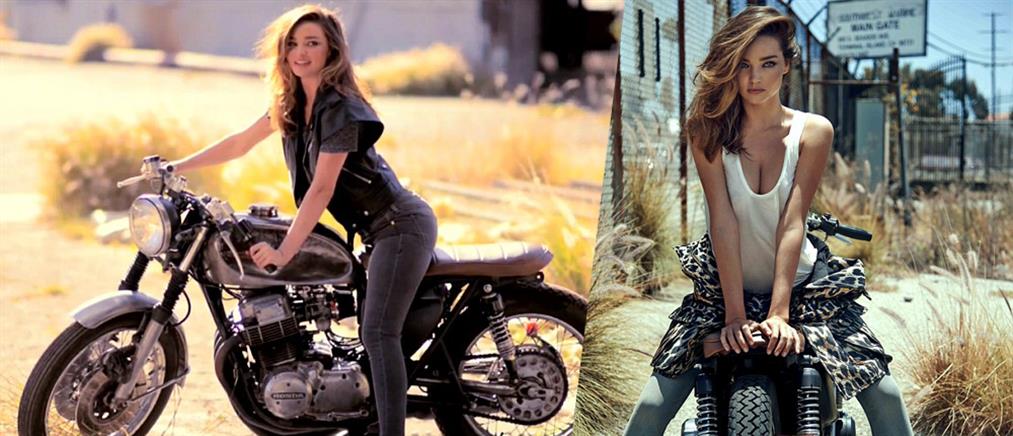 Ο σέξι «άγγελος» Μιράντα Κερ  φωτογραφίζεται πάνω σε μοτοσικλέτα