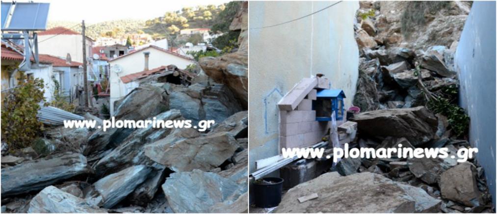 Καταστροφική κατολίσθηση βράχων στο Πλωμάρι (εικόνες)