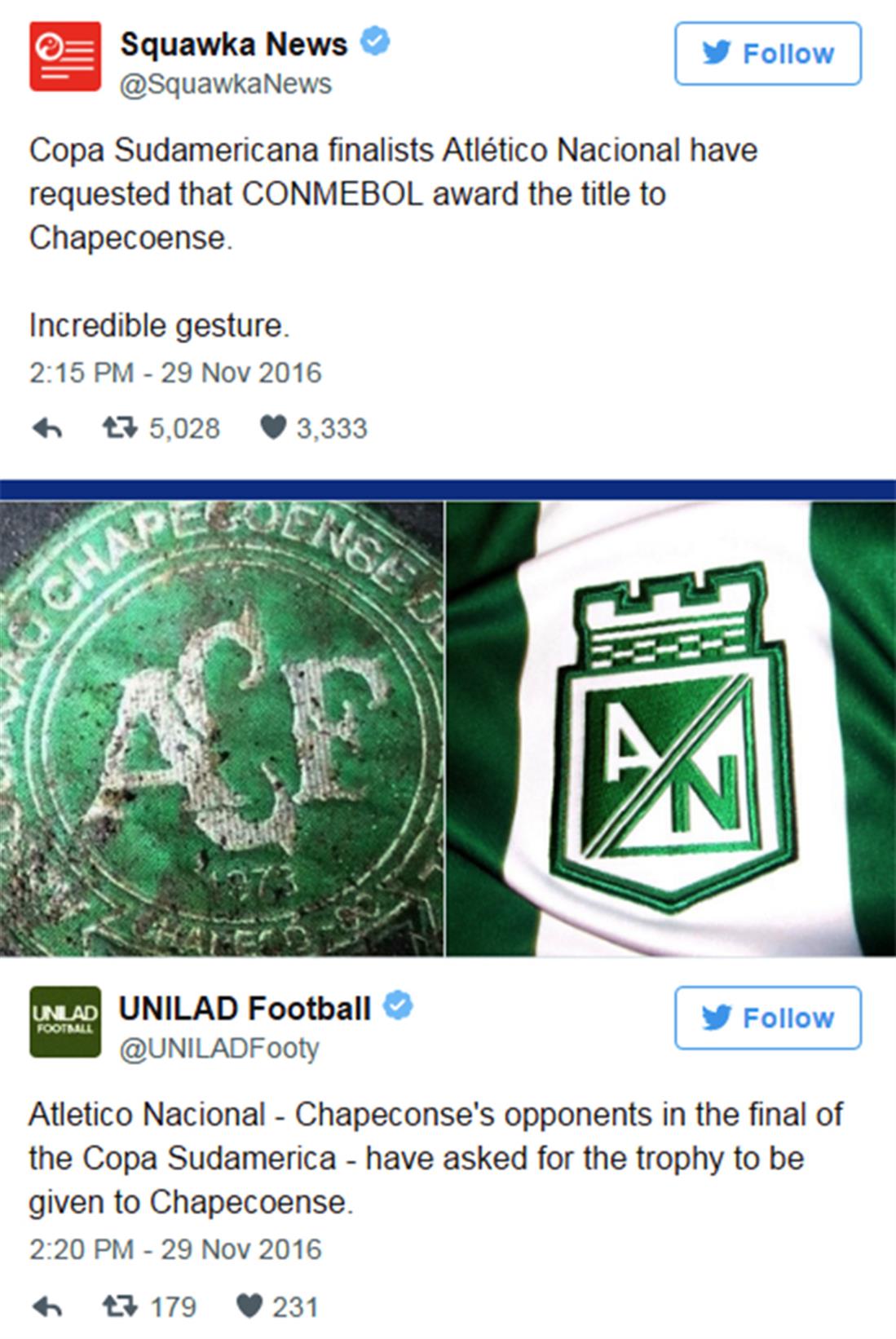 Chapecoense - ποδοσφαιρική ομάδα - αεροπορική τραγωδία - tweets