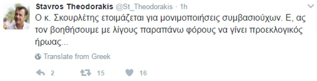 Θεοδωράκης - Tweet - απάντηση σε Σκουρλέτη