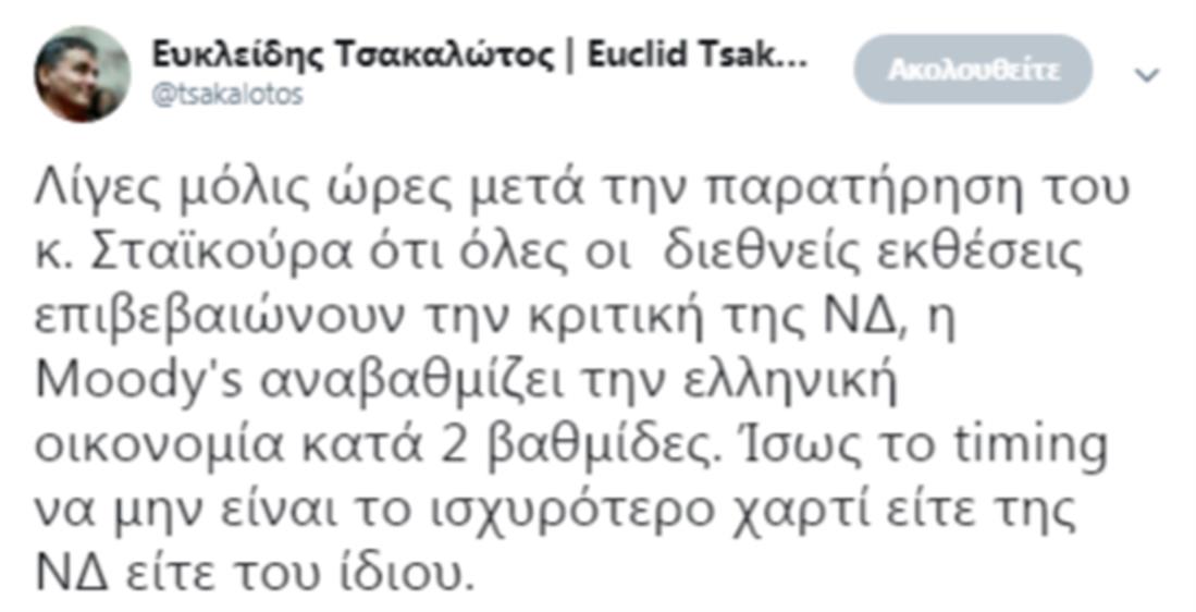 Tweet - Τσακαλώτος - Moody - αναβάθμιση