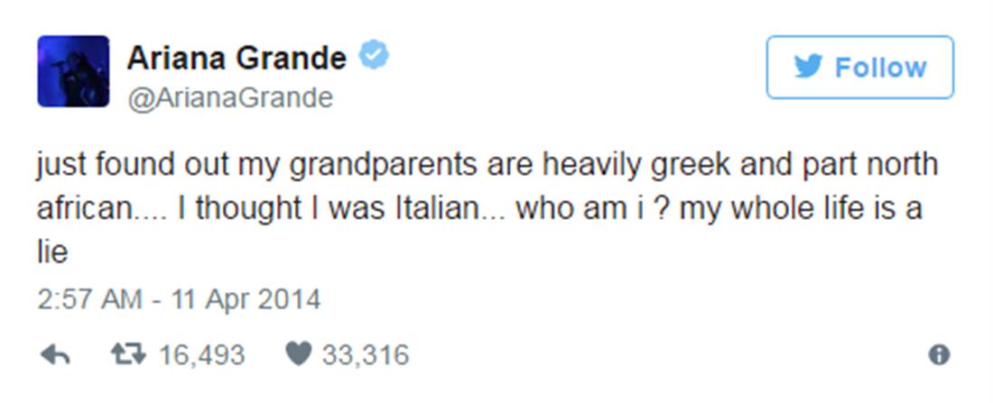 Tweet - Ariana Grande - ελληνική καταγωγή