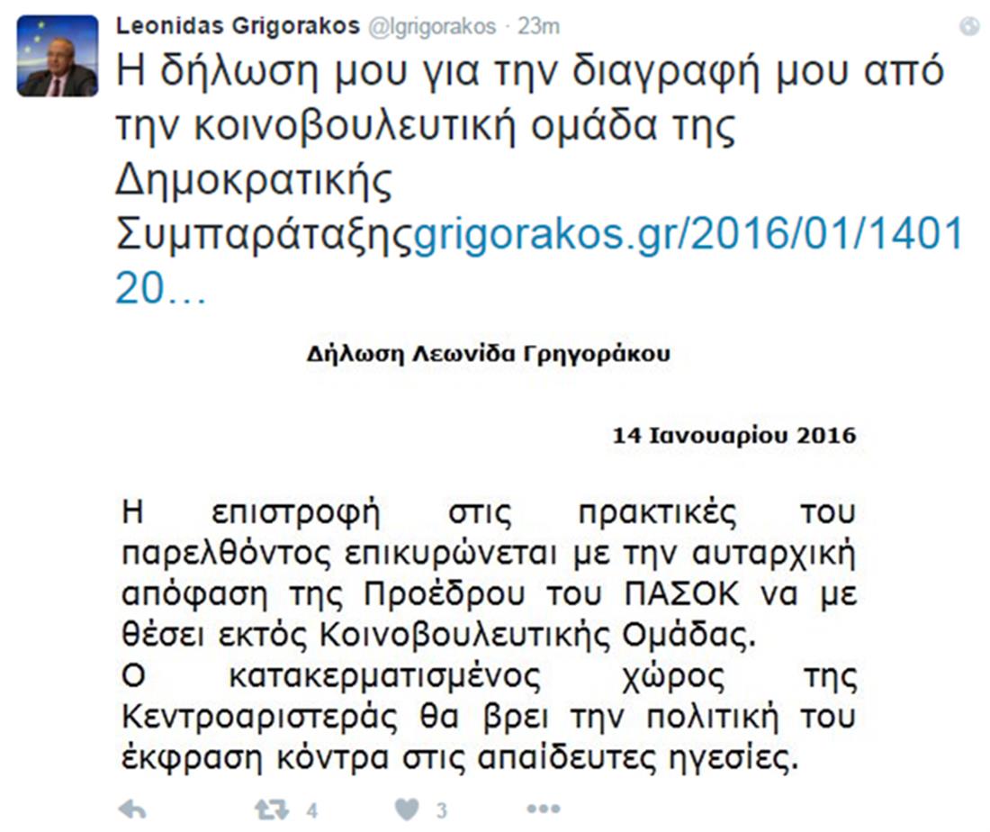 Λ. Γρηγοράκος - tweet - διαγραφή