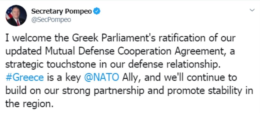 tweet - Πομπεο - Αμυντική συμφωνία Ελλάδας - ΗΠΑ