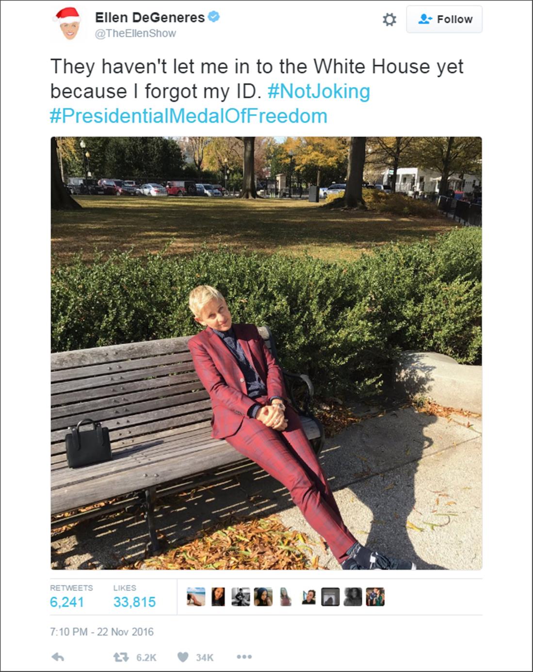 Ellen DeGeneres - tweet - παγκάκι - Λευκός Οίκος