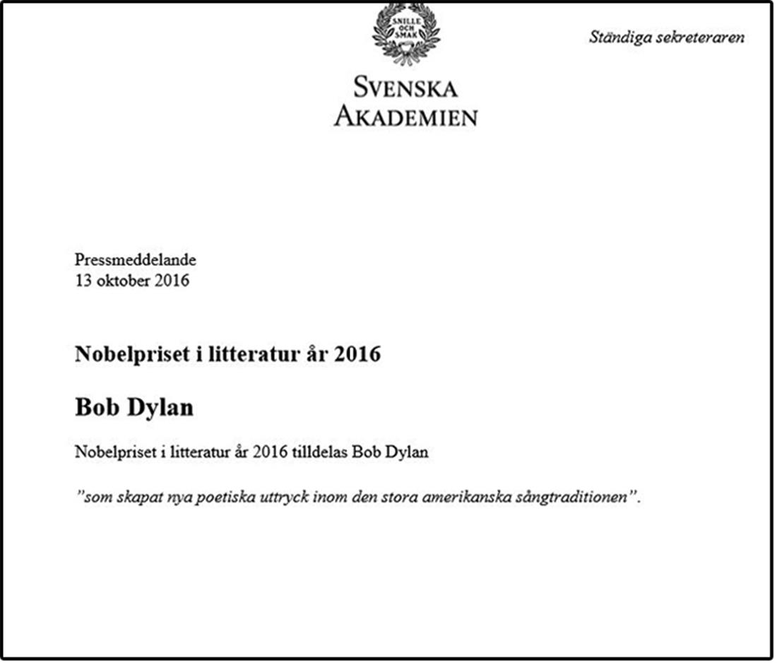 Νόμπελ Λογοτεχνίας - Μπομπ Ντίλαν - ανακοίνωση ακαδημίας
