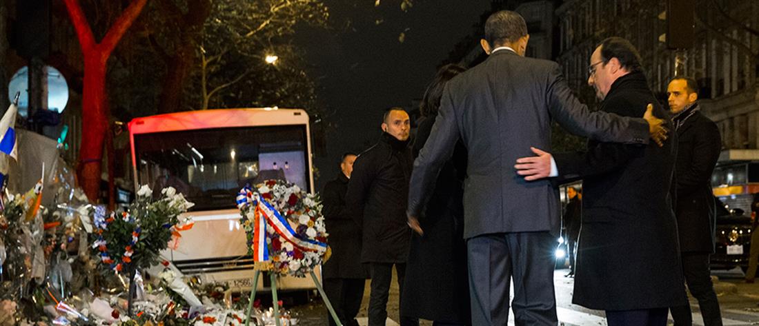AP - Γαλλία - Παρίσι - Μπατακλάν - φόρος τιμής - Μπάρακ Ομπάμα - Λουλούδια - Φρανσουά Ολάντ