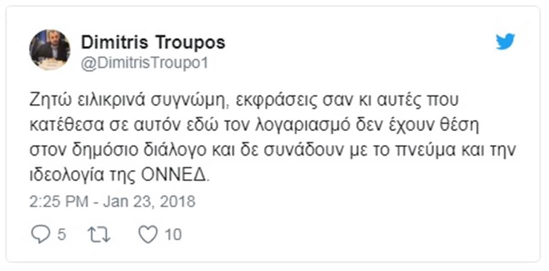 ΟΝΝΕΔ - ΔΗΜΗΤΡΗΣ ΤΡΟΥΠΟΣ - ΑΝΑΡΤΗΣΕΙΣ TWITTER ΓΙΑ ΣΥΛΛΑΛΗΤΗΡΙΟ ΓΙΑ ΣΚΟΠΙΑΝΟ