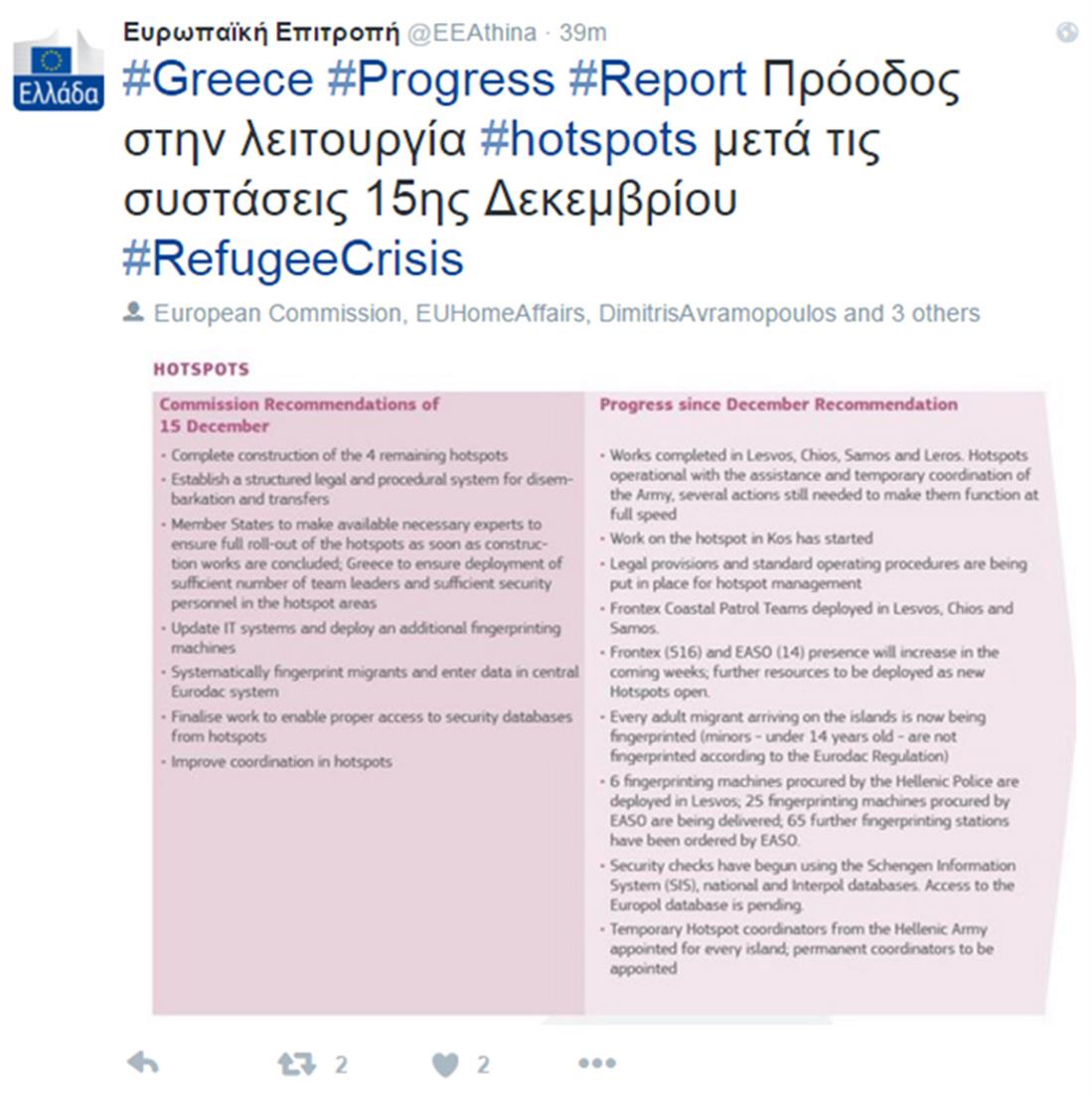 Ευρωπαϊκή Επιτροπή - Αθήνα - twitter - ανάρτηση - Hot Spots