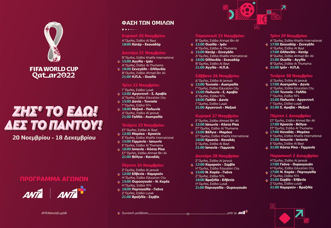 FIFA WORLD CUP QATAR 2022 - πρόγραμμα αγώνων